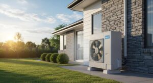Modern heat pump installed in a suburban home, showing reliable yearโround comfort