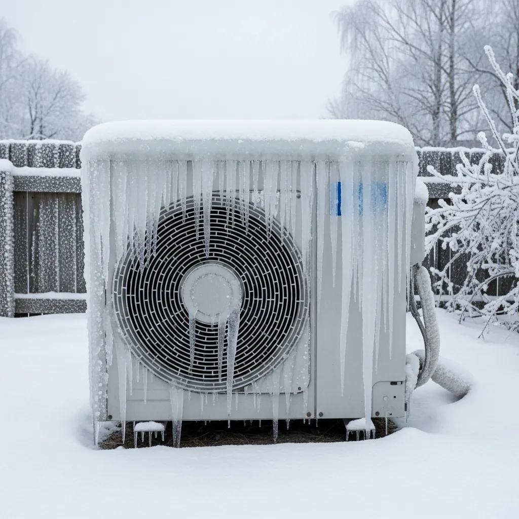 Common Heat Pump Problems & Troubleshooting 2 Outdoor heat pump unit with ice buildup, demonstrating common freezing issues
