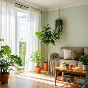 Bright living room with open windows, houseplants, and natural light, symbolizing improved home ventilation and air quality.