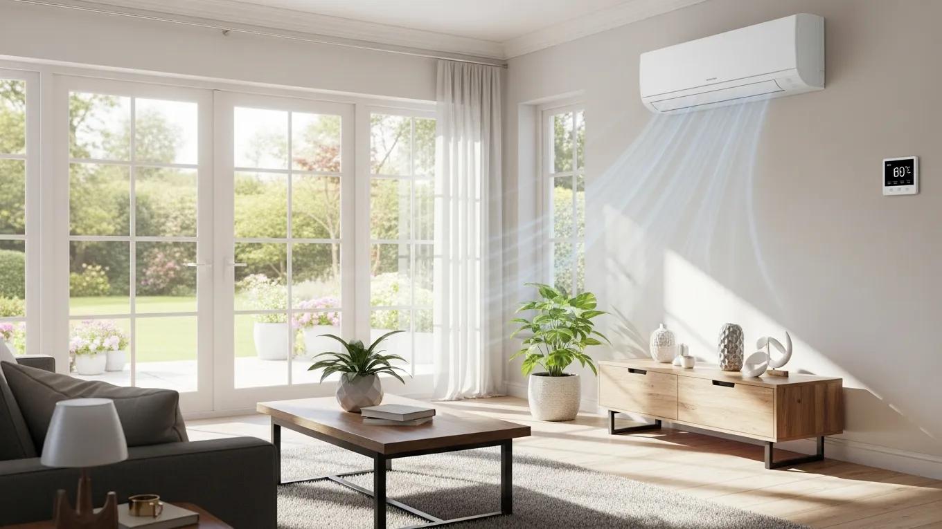 Benefits of Regular AC Tune-Ups & Maintenance 2 Modern home showcasing an energy-efficient air conditioning system, representing energy efficiency improvements