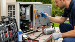 Technician performing maintenance on an air conditioning unit, highlighting the importance of regular AC tune-ups