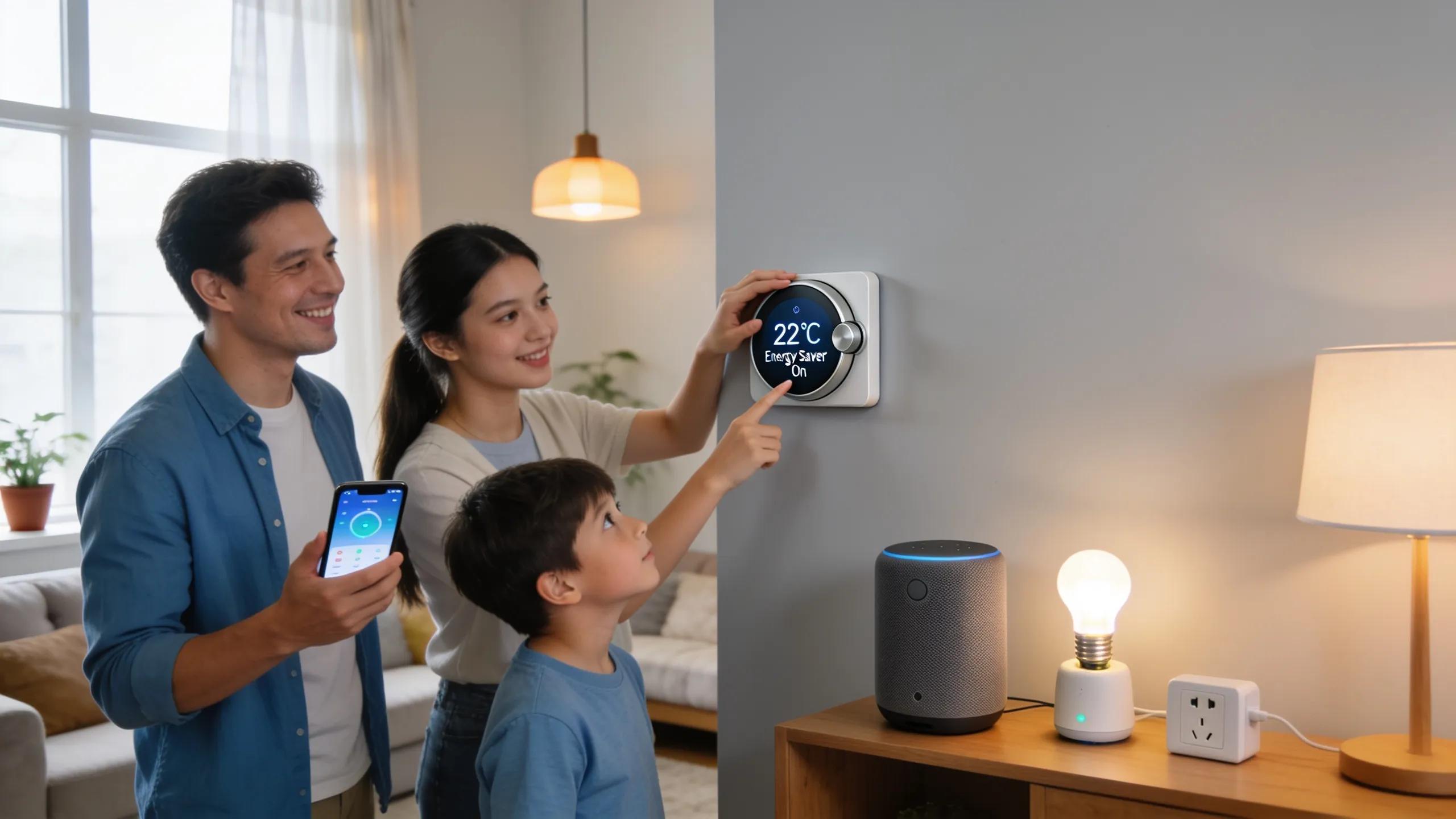 Slash Utility Bills: Discover 10 Energy Saving Tips for HVAC 3 Family adjusting a smart thermostat demonstrating efficient energy management