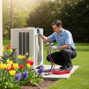 Technician performing spring AC maintenance outdoors with blooming flowers