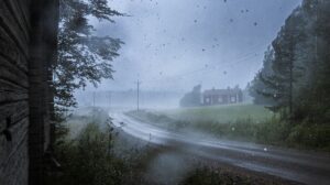 heavy rain outside houses