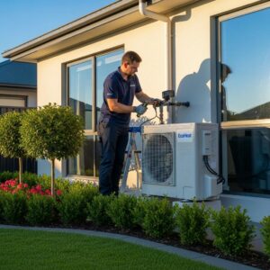 Heat pump installation technician working on an eco-friendly system in a residential area